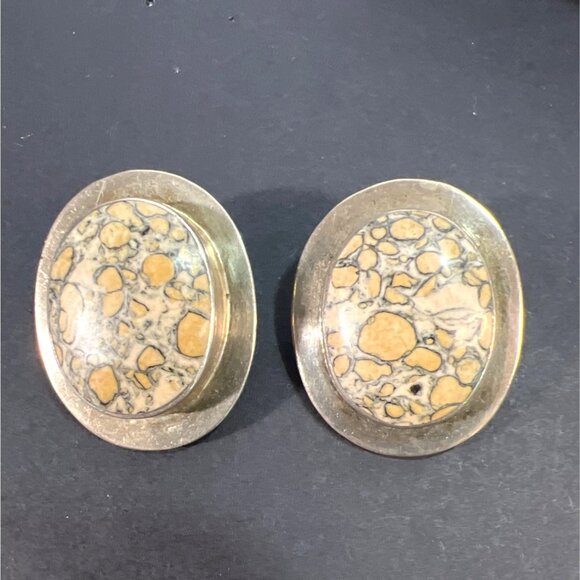 Vtg Natural Leopard Skin Jasper Cabochon Sterling Silver Clip Earrings Artisan - Picture 1 of 10